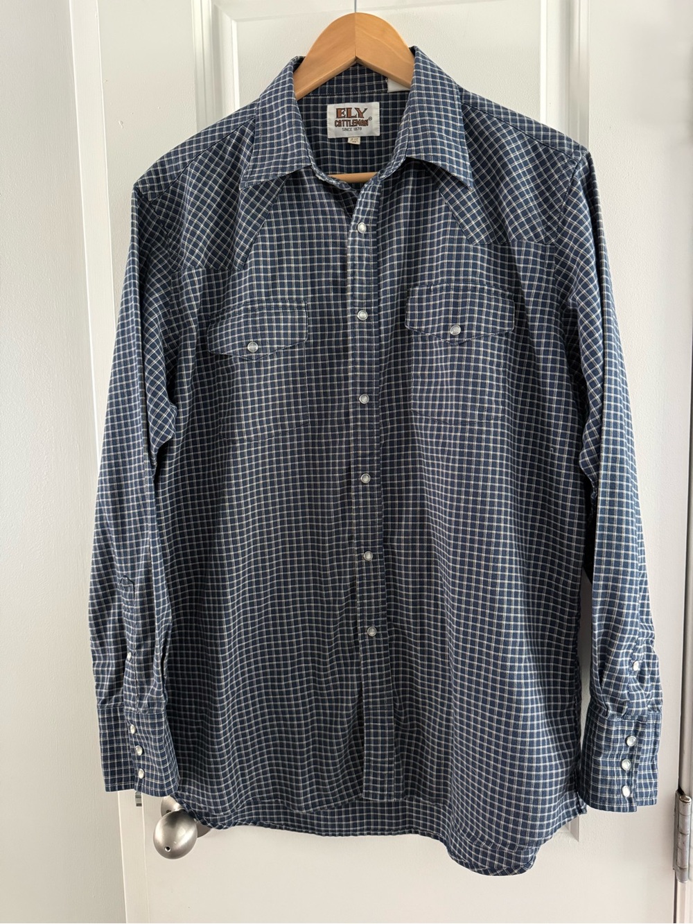Ely Cattleman Vintage Blue Navy Windowpane Button-Snap Weatern Shirt